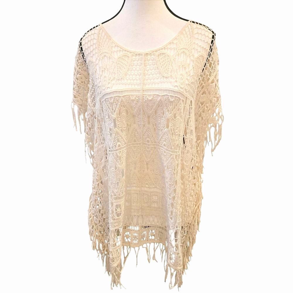 Ivory Crochet Fringe Tunic Top marci Boho Coastal Festival Blouse Size Medium
